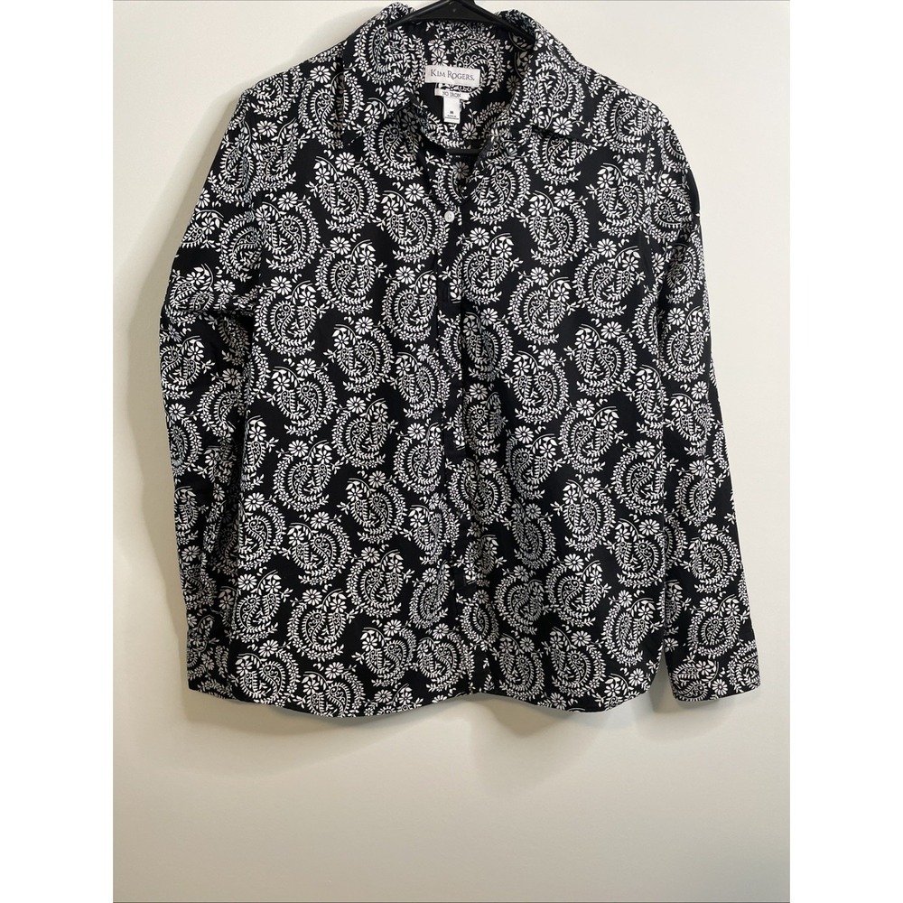 Kim‎ Rogers Paisley Button Shirt Womens M Black White Boho Career Top